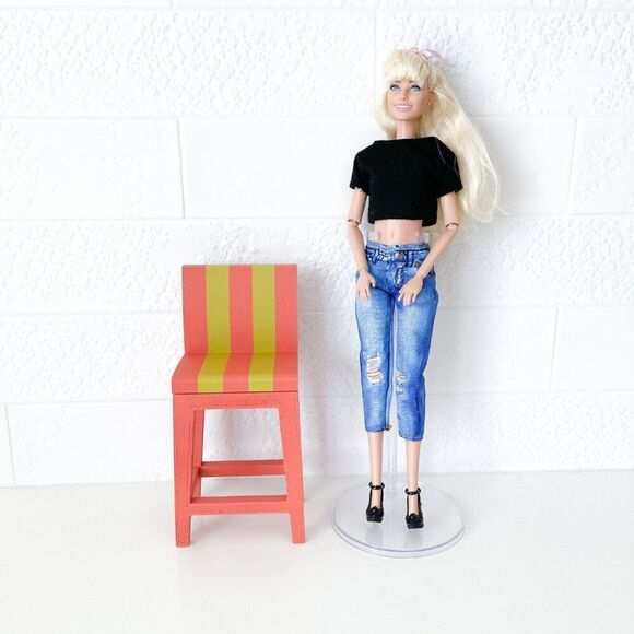 Miniature Barbie Bistro Table 4  MCM Striped Chairs Dollhouse Furniture - Picture 8 of 12